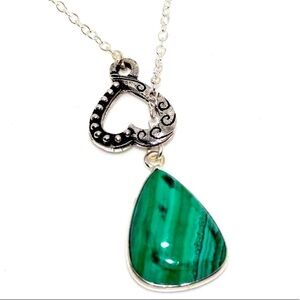 Sterling Silver Malachite Teardrop Necklace with Heart Accent